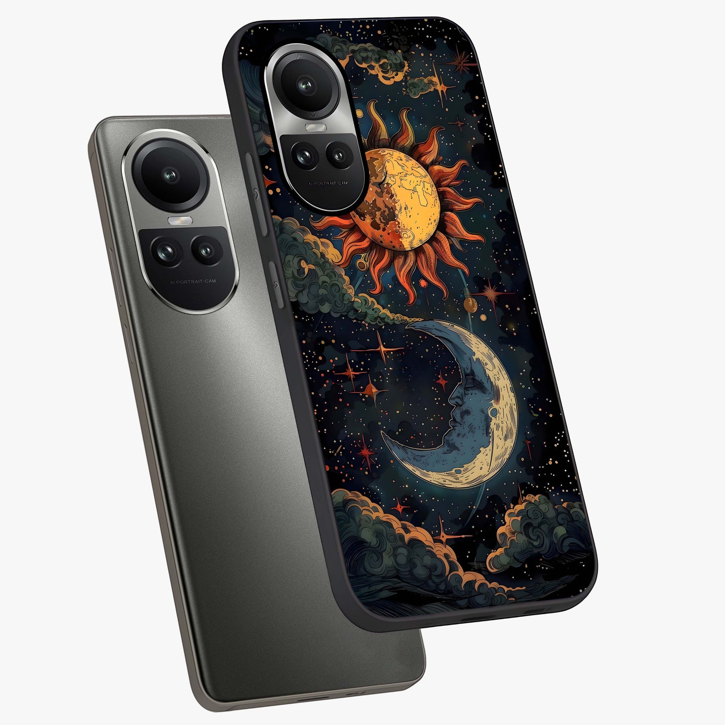 Sun And Moon Magic Design Glass Case displayed in angled mockup highlighting celestial design with magical cosmic aesthetic.