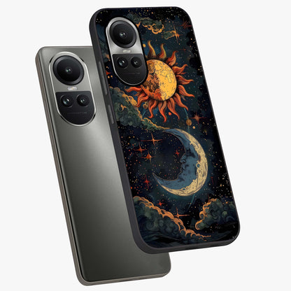 Sun And Moon Magic Design Glass Case displayed in angled mockup highlighting celestial design with magical cosmic aesthetic.