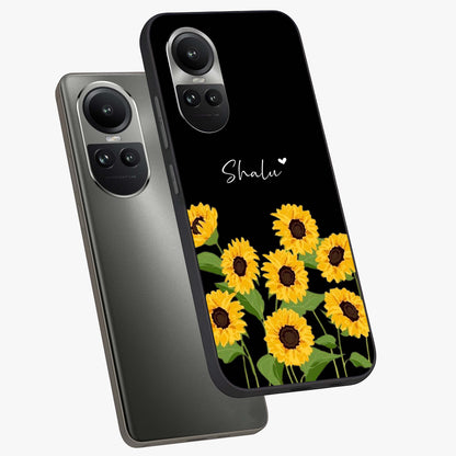 Sunflower Chic Mood Custom Name Glass Case displayed in angled mockup highlighting vibrant sunflower design with custom name feature.