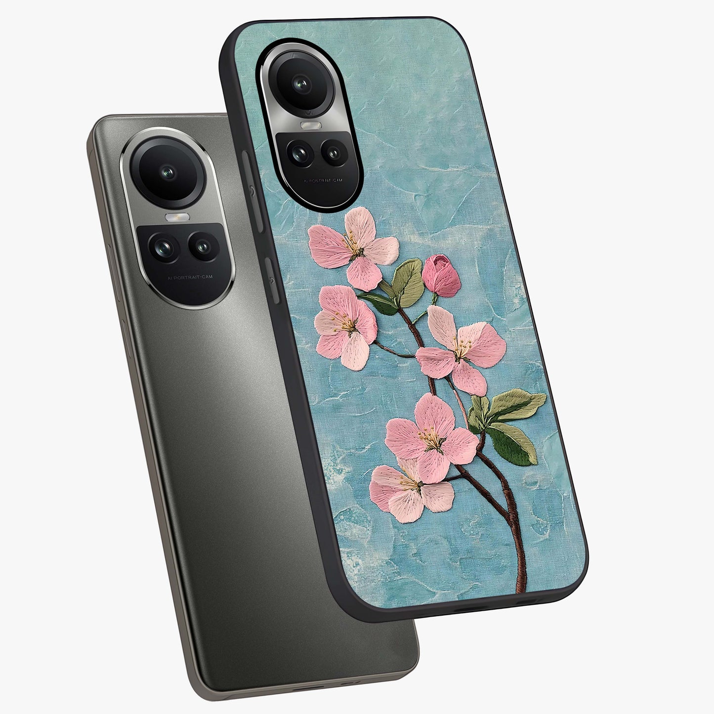 Threaded Blossom Breeze Glass Case displayed in angled mockup highlighting elegant floral design with soft aesthetic style.