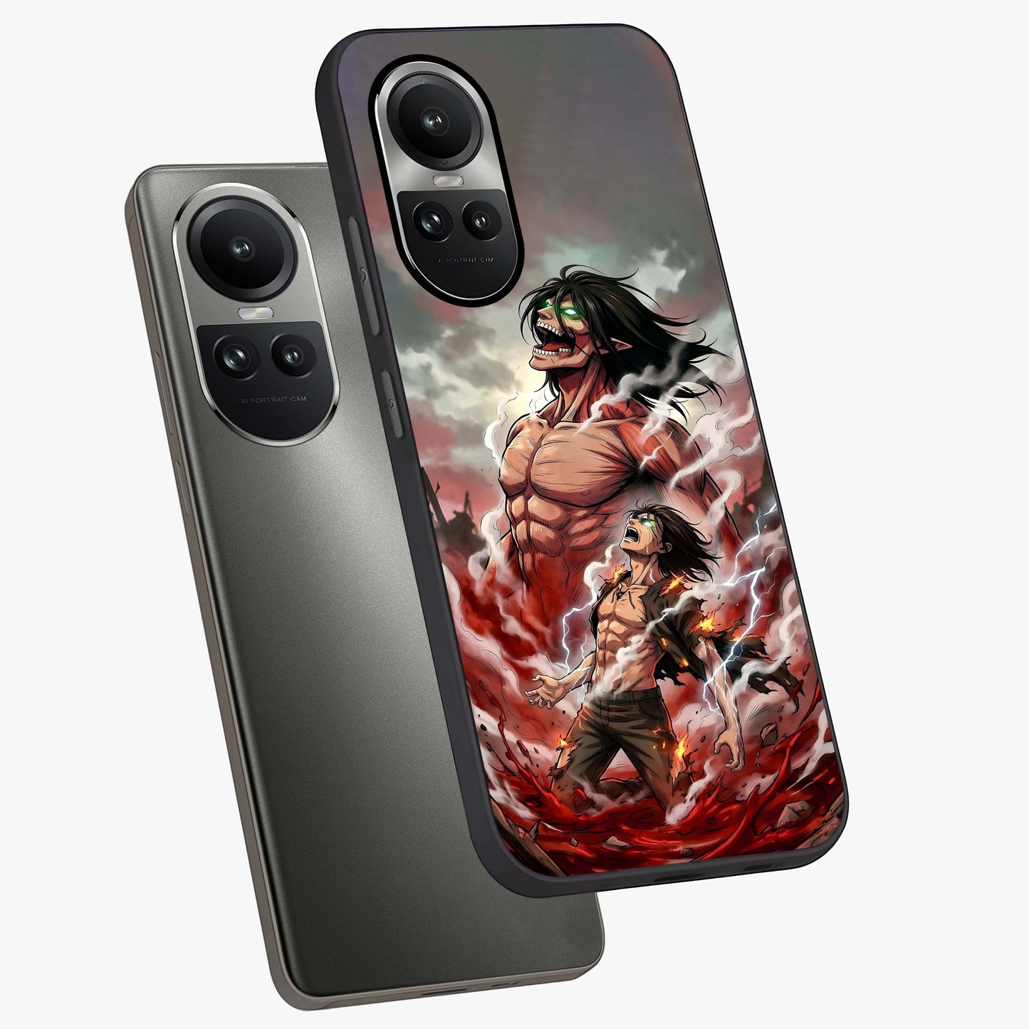 Titan Awakening Fury Glass Case displayed in angled mockup highlighting dramatic giant warrior design with bold anime aesthetic.