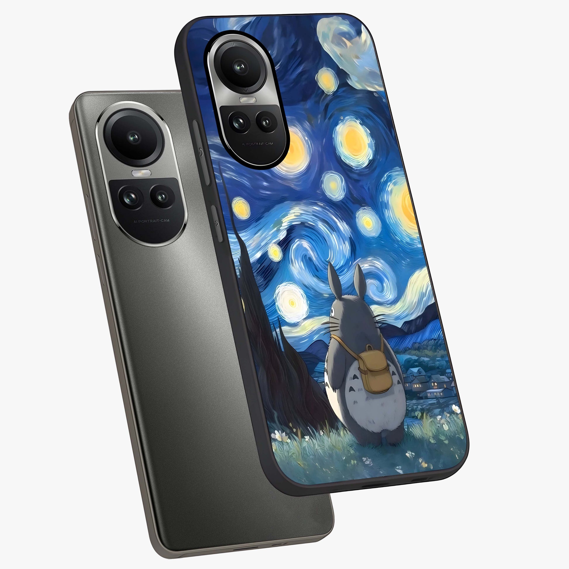 Totoro In Van Gogh Art Glass Case displayed in angled mockup highlighting artistic swirling sky design with playful animation aesthetic.