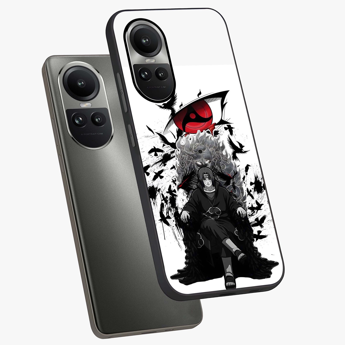 Uchiha Shadow Throne Glass Case displayed in angled mockup highlighting glowing aquatic design with celestial aesthetic.