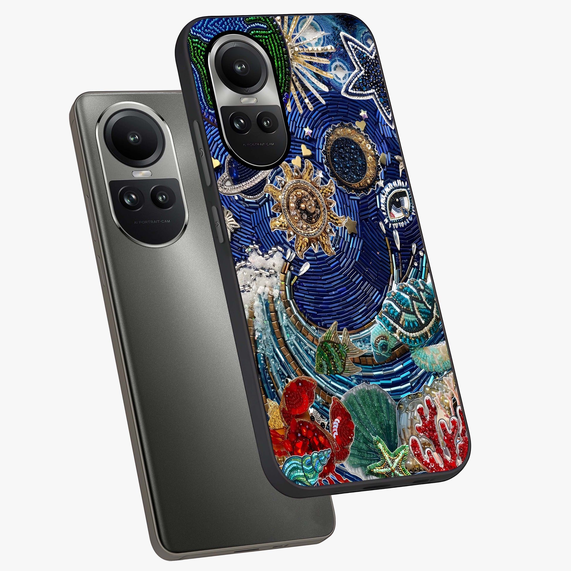 Universe Underwater Spark Glass Case displayed in angled mockup highlighting glowing aquatic design with celestial aesthetic.