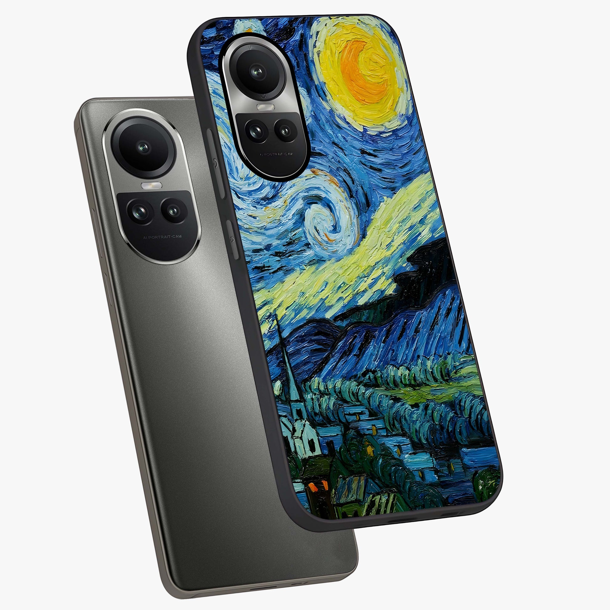Van Gogh Art Glass Case displayed in angled mockup highlighting swirling brushstroke design with artistic aesthetic.