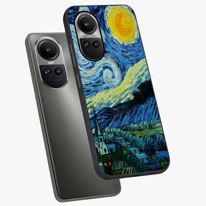 Van Gogh Art Glass Case displayed in angled mockup highlighting swirling brushstroke design with artistic aesthetic.