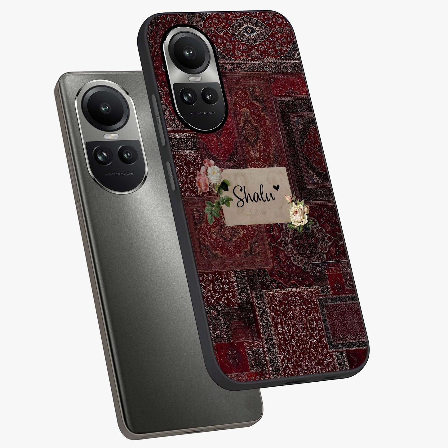 Velvet Wine Pattern Custom Name Glass Case displayed in angled mockup highlighting decorative velvet inspired design with custom name feature.