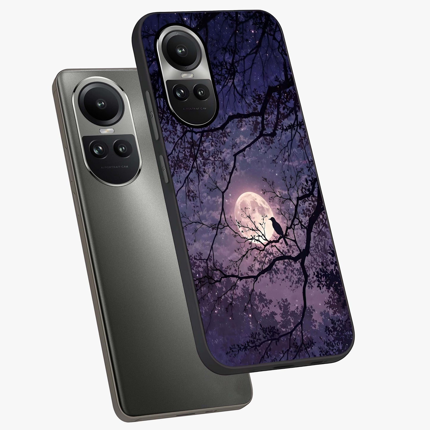 Whispering Moon Silence Glass Case displayed in angled mockup highlighting calm lunar design with dreamy night aesthetic.
