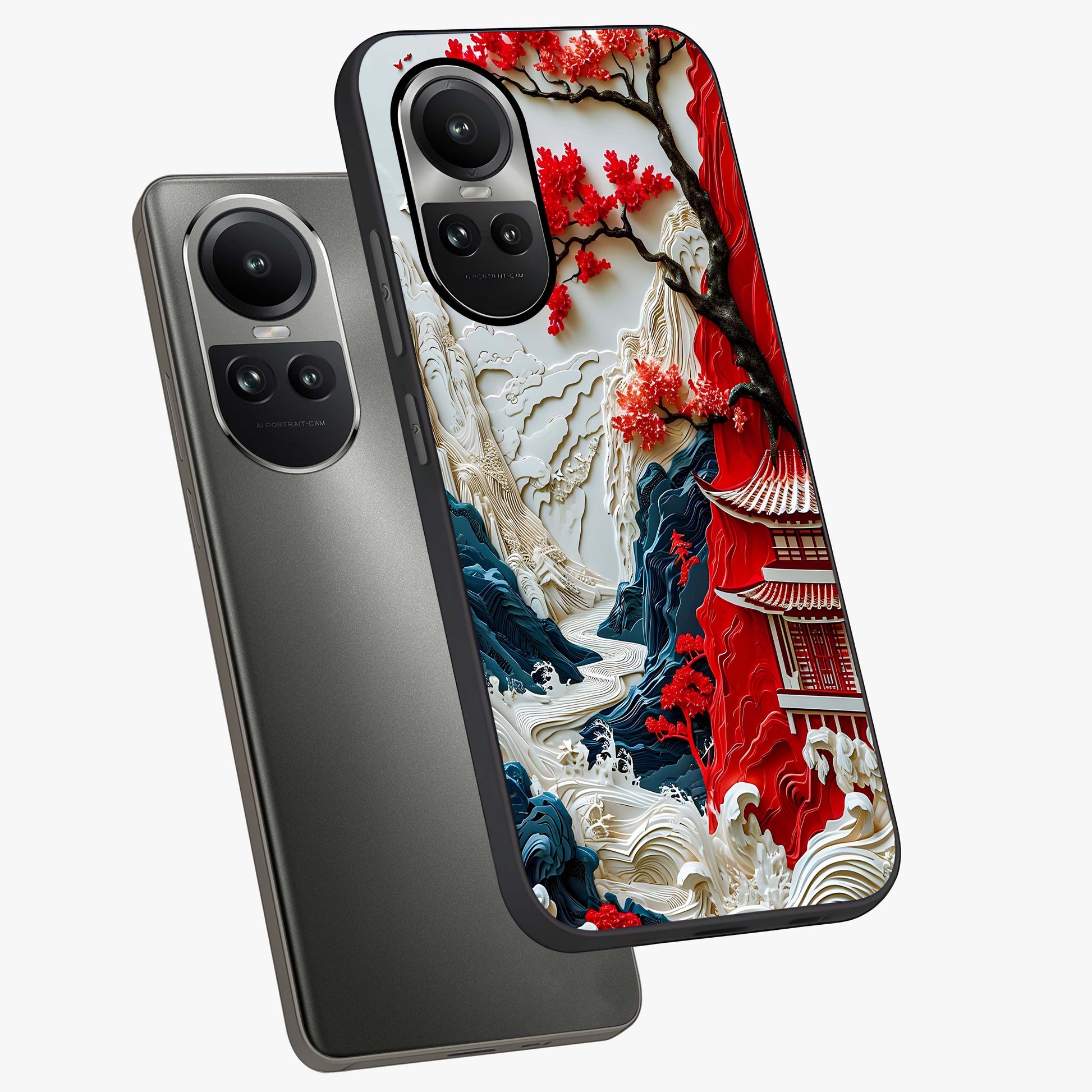 Whispers Of Sakura Waves Glass Case displayed in angled mockup highlighting flowing sakura design with soft floral aesthetic.