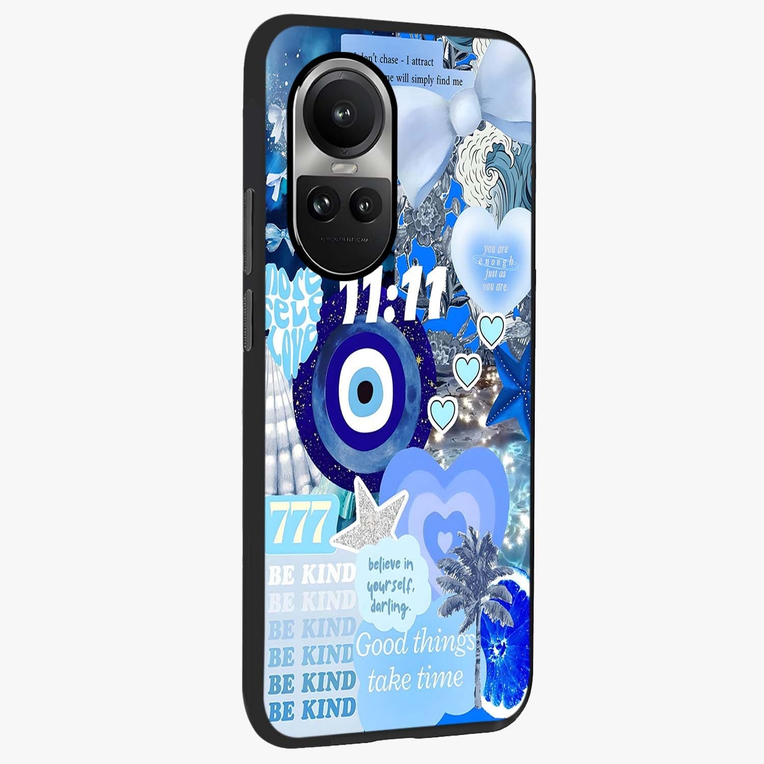 Aesthetic Be Kind Eye Glass Case upright view showcasing stylish eye illustration with positive message theme.
