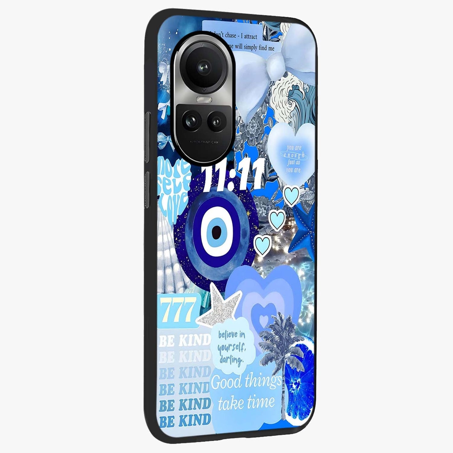 Aesthetic Be Kind Eye Glass Case upright view showcasing stylish eye illustration with positive message theme.