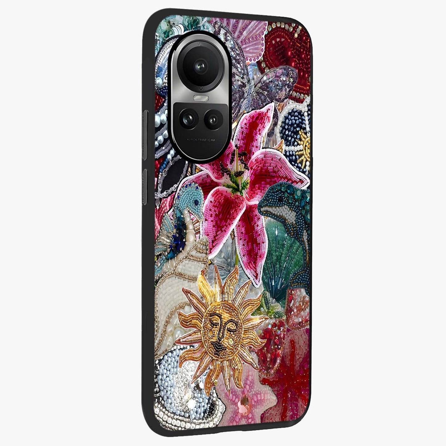 Beaded Garden Fantasy Glass Case upright view showcasing whimsical garden aesthetic with artistic bead details.