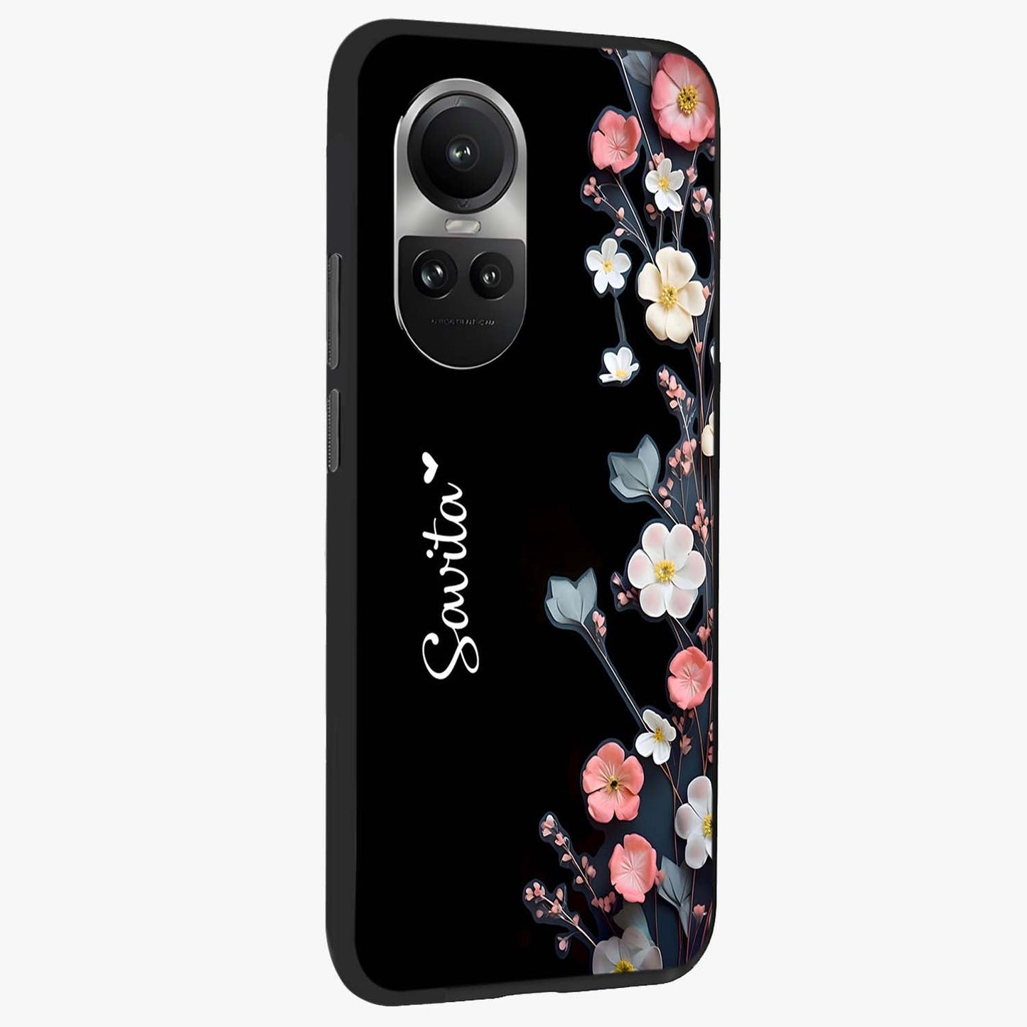 Black Elegance Floral Custom Name Glass Case upright view showcasing luxurious black floral design with personalized name detail.