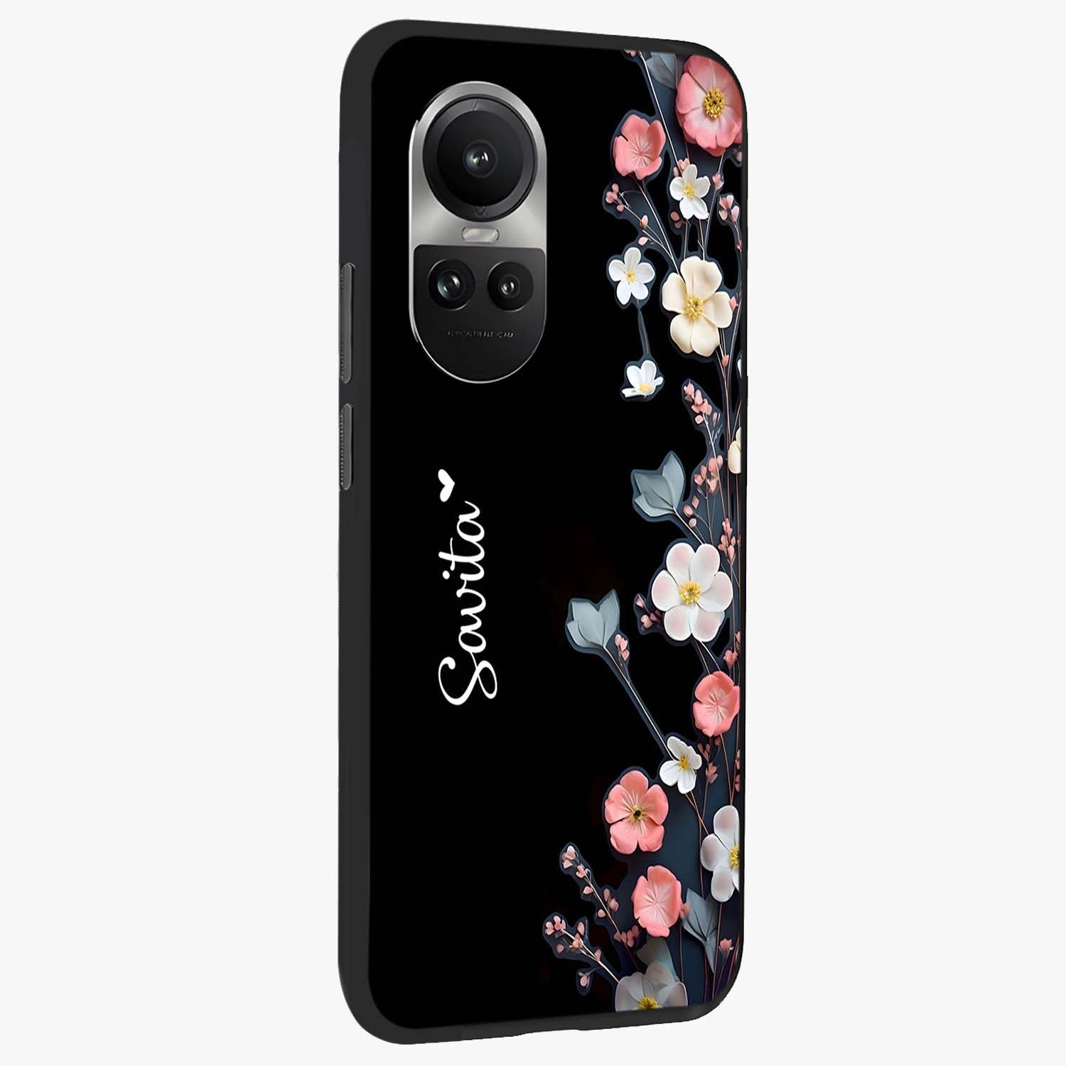 Black Elegance Floral Custom Name Glass Case upright view showcasing luxurious black floral design with personalized name detail.