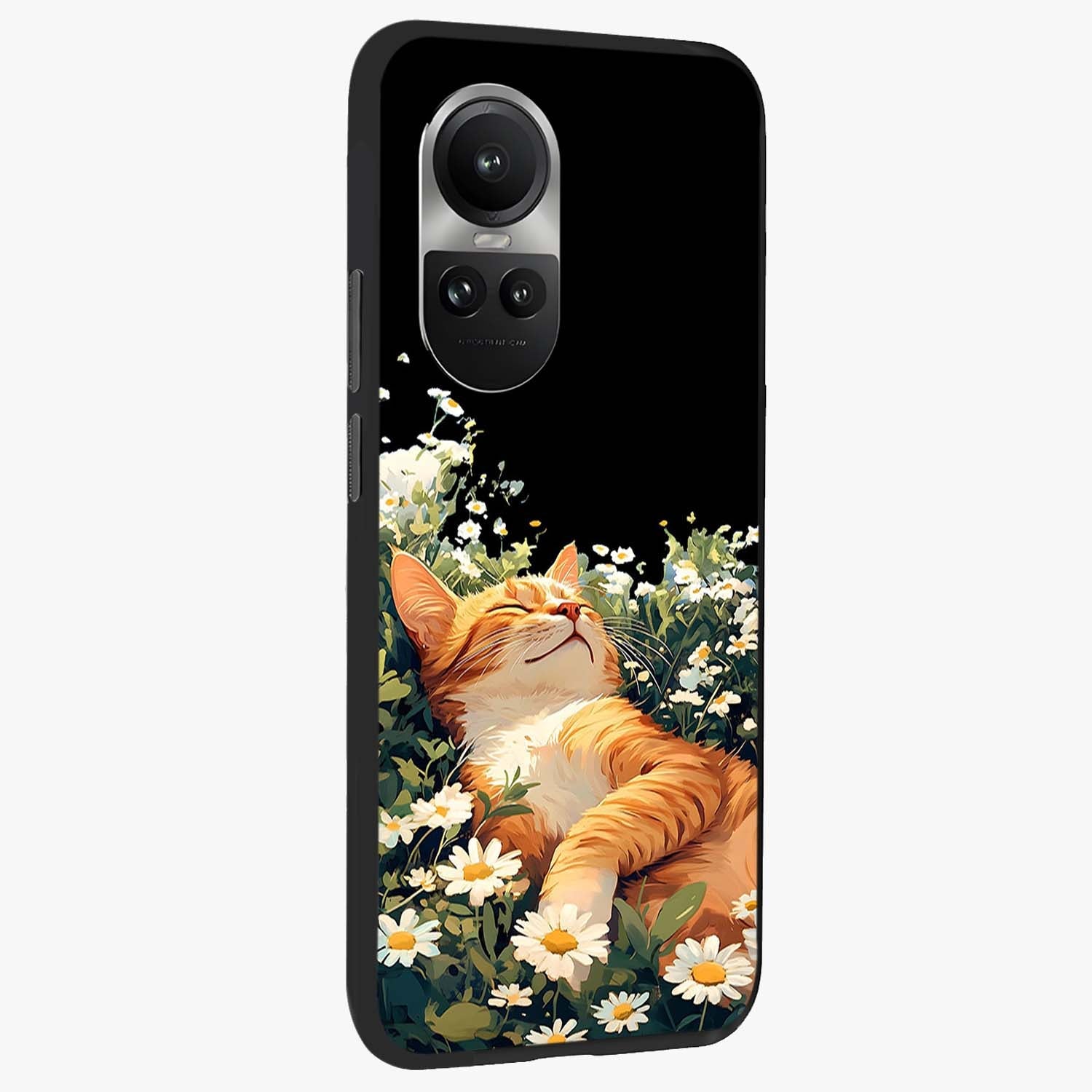 Blissful Bloom Cat Glass Case upright view showcasing charming cat design surrounded by blooming floral elements.