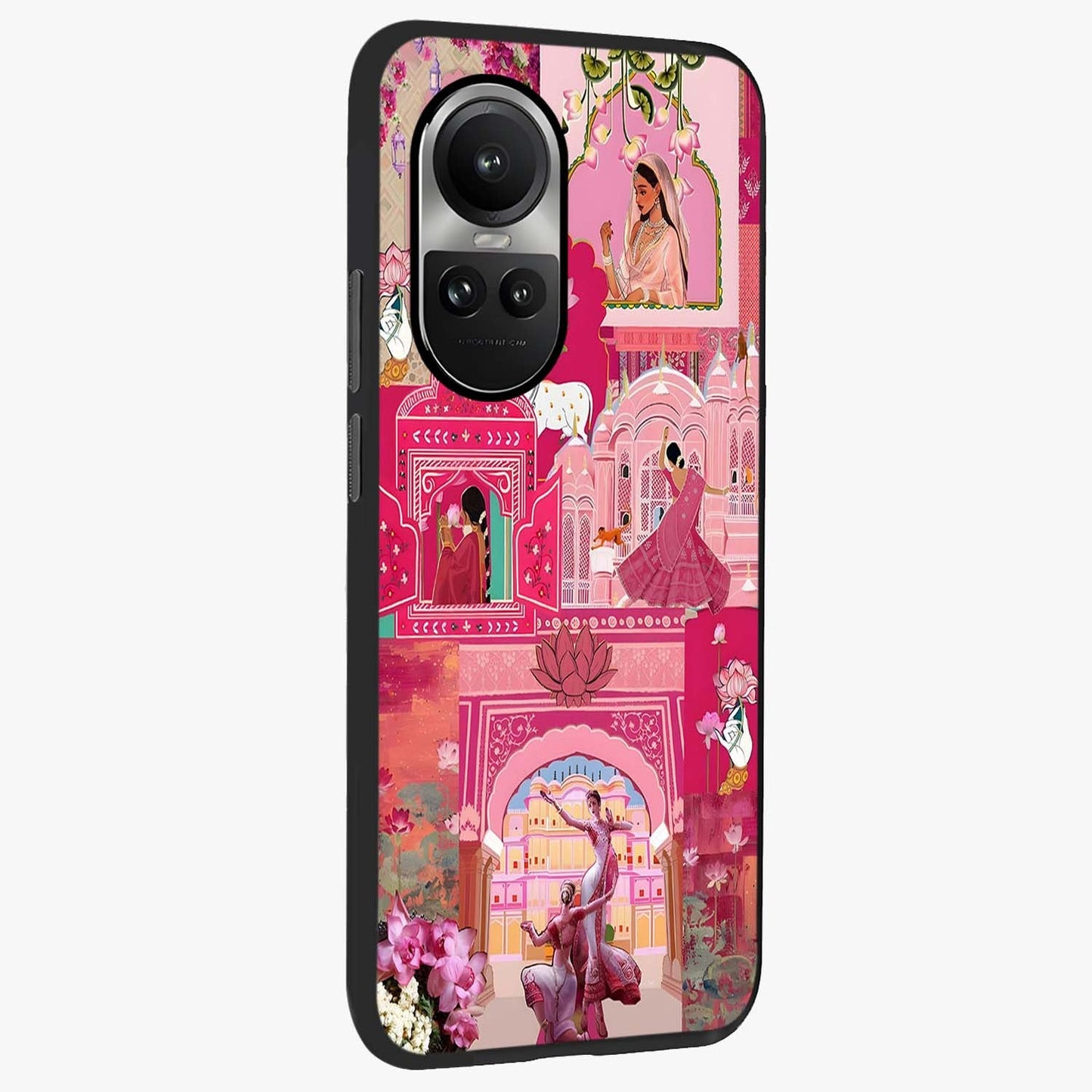 Blossoms of Rajasthan Glass Case upright view showcasing colorful floral design inspired by traditional Indian art.