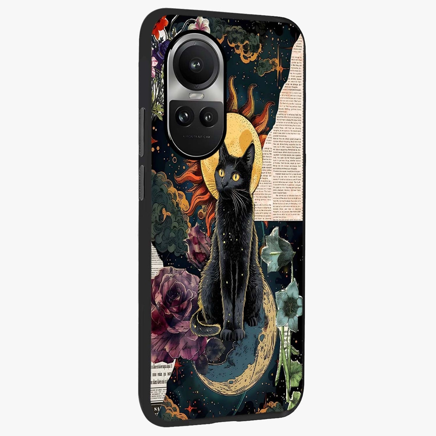 Celestial Black Cat Glass Case upright view showcasing magical black cat illustration with starry cosmic theme.