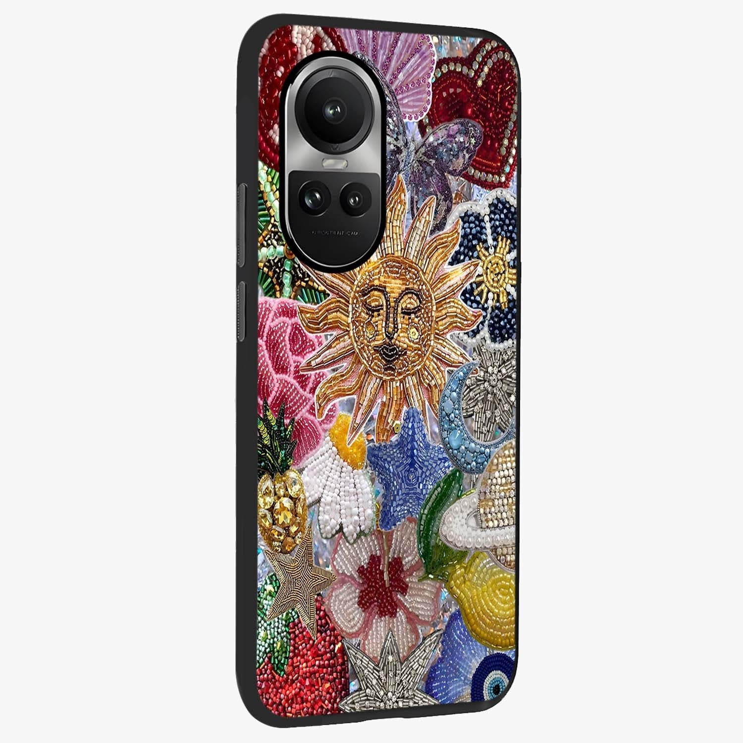 Celestial Floral and Playful Glass Case upright view showcasing whimsical floral artwork with cosmic aesthetic theme.