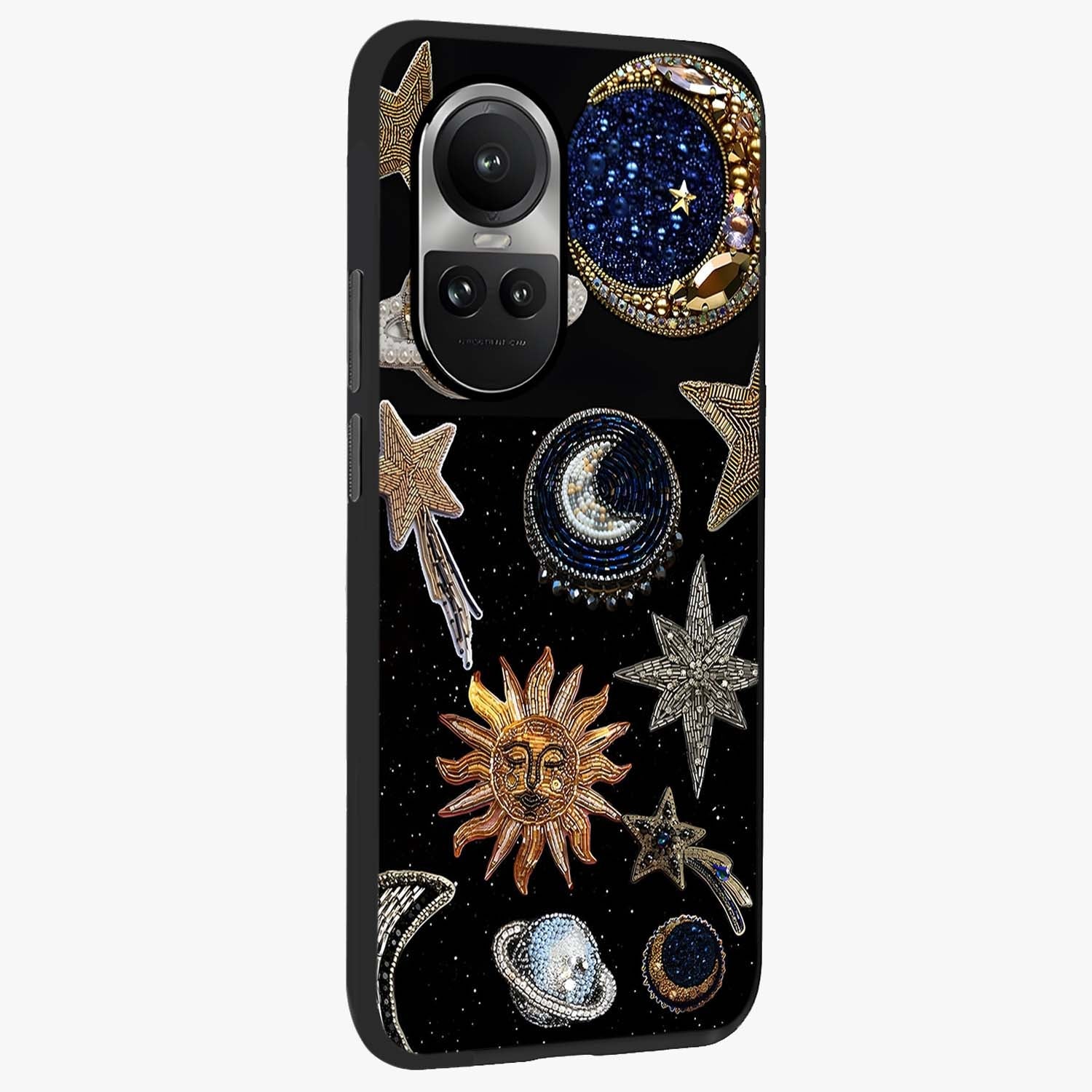 Celestial Gem Constellations Glass Case upright view showcasing cosmic constellation artwork with celestial aesthetic style.
