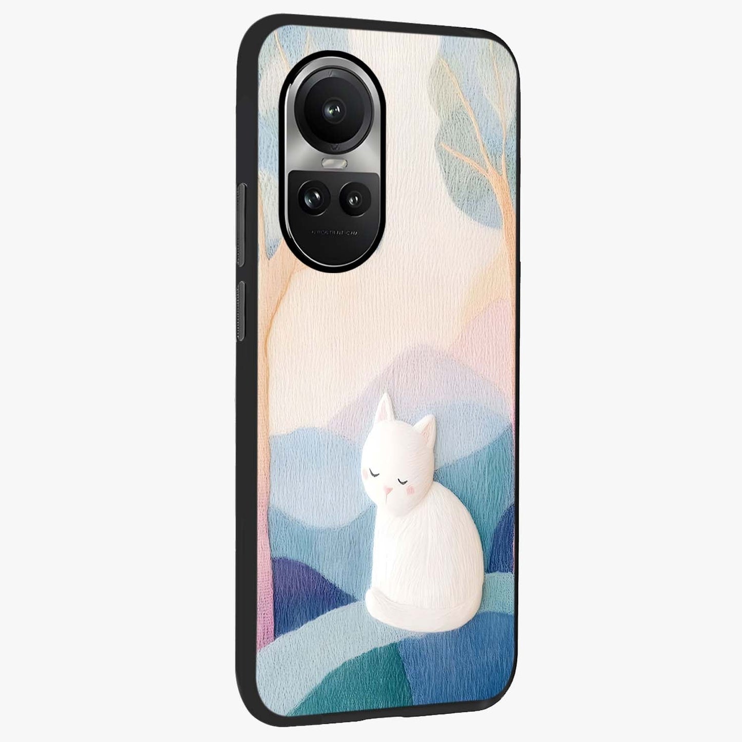 Cotton Dream Cat Glass Case upright view showcasing charming cat artwork with cozy dreamy theme.
