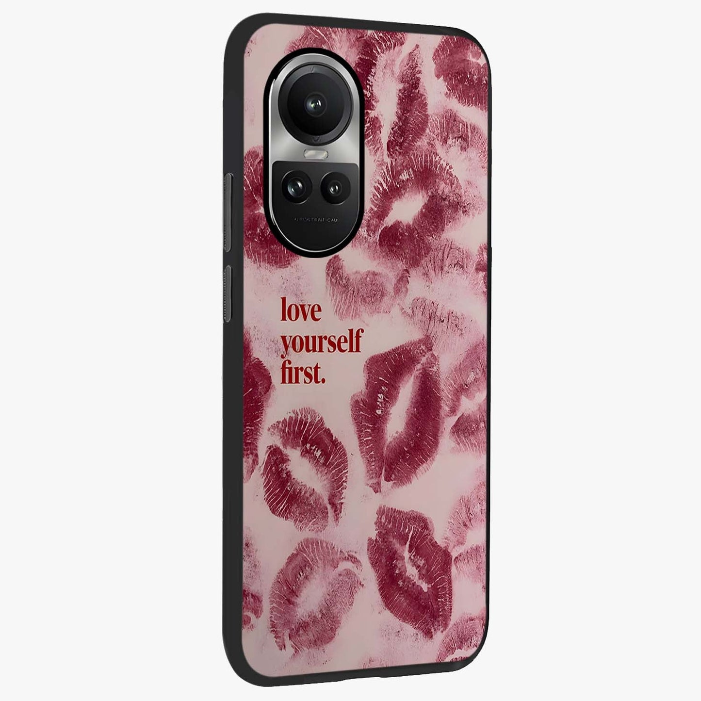 Crimson Kiss Love Glass Case upright view showcasing expressive romantic artwork with deep crimson theme.