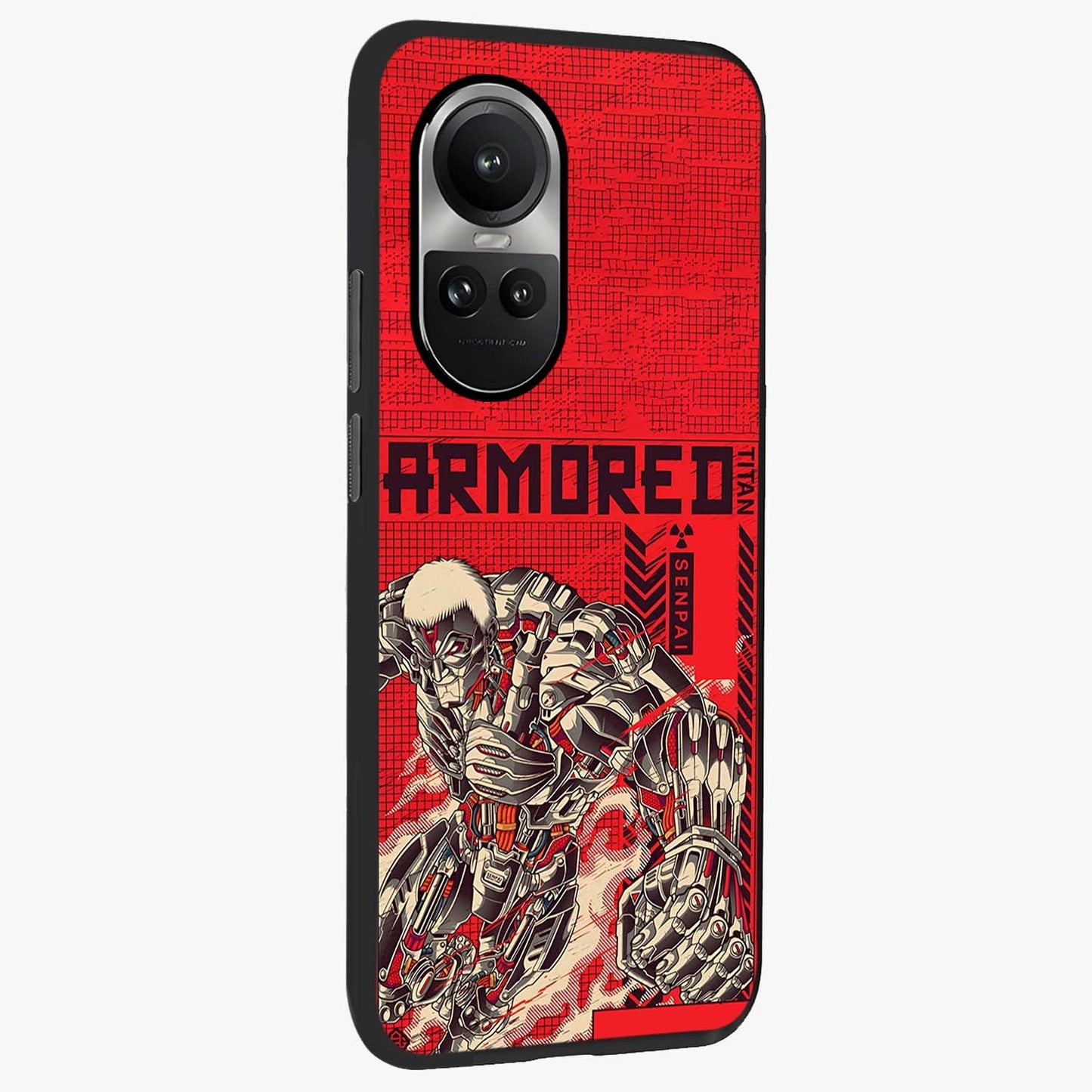 Crimson Mecha Titan Glass Case upright view showcasing dynamic robotic titan design with sci-fi inspired theme.
