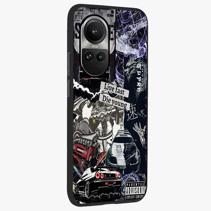 Die Young Glass Case upright view showcasing striking typography artwork with modern statement theme.