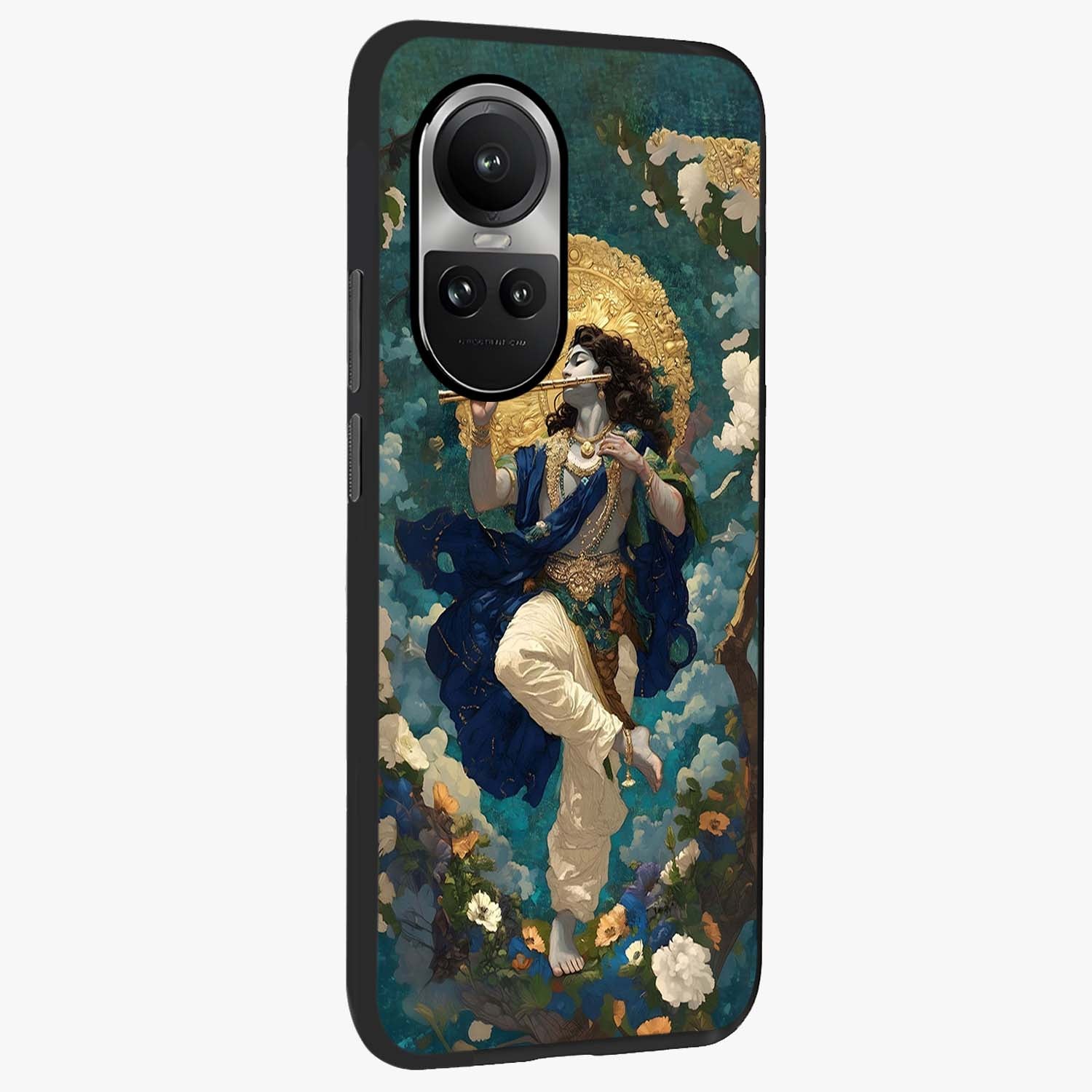 Divine Krishna Art Glass Case upright view showcasing divine Krishna artwork with sacred artistic theme.