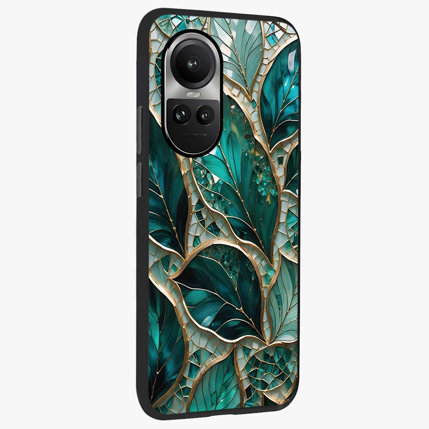Emerald Leaf Glass Glass Case upright view showcasing fresh green leaf artwork with calming nature inspired style.