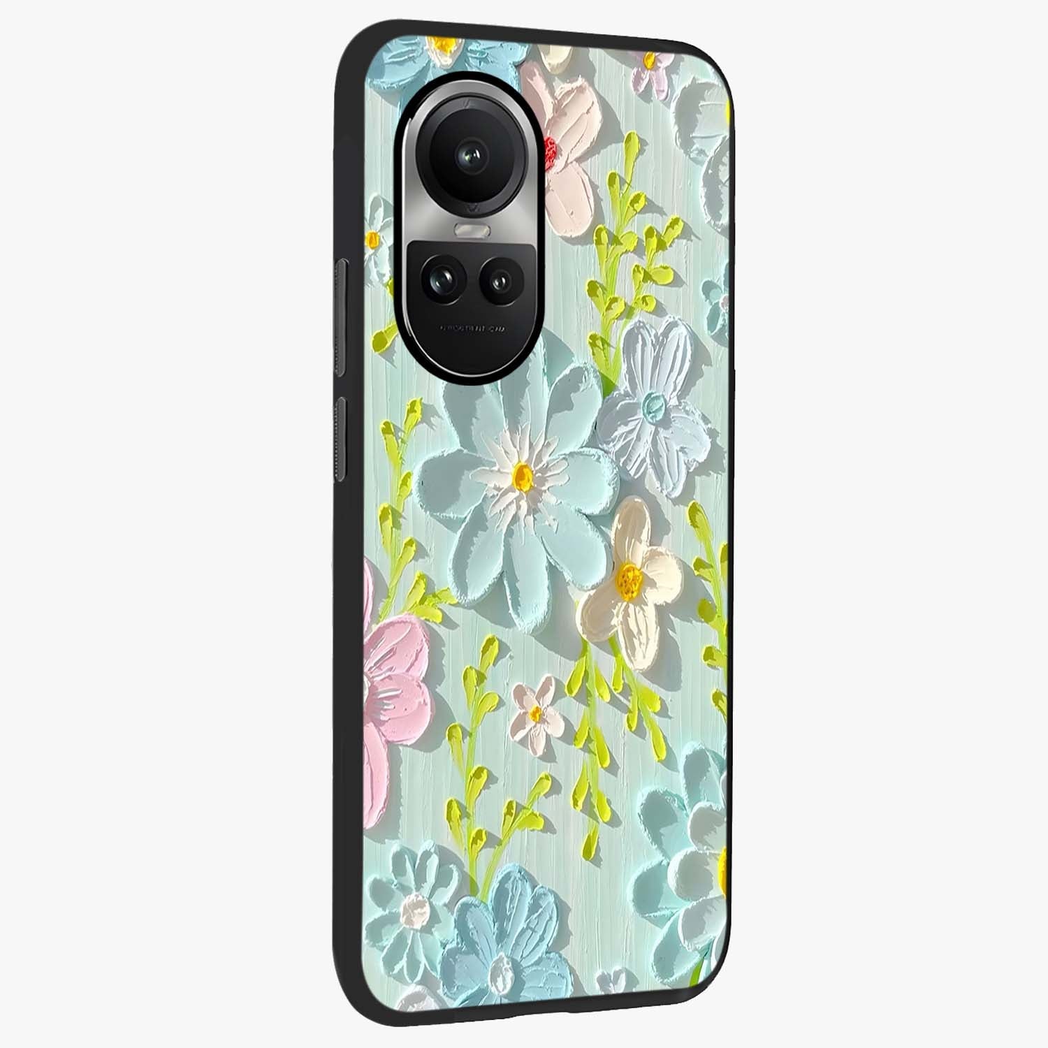 Frosted Petal Garden Glass Case upright view showcasing elegant floral garden artwork with soothing pastel theme.