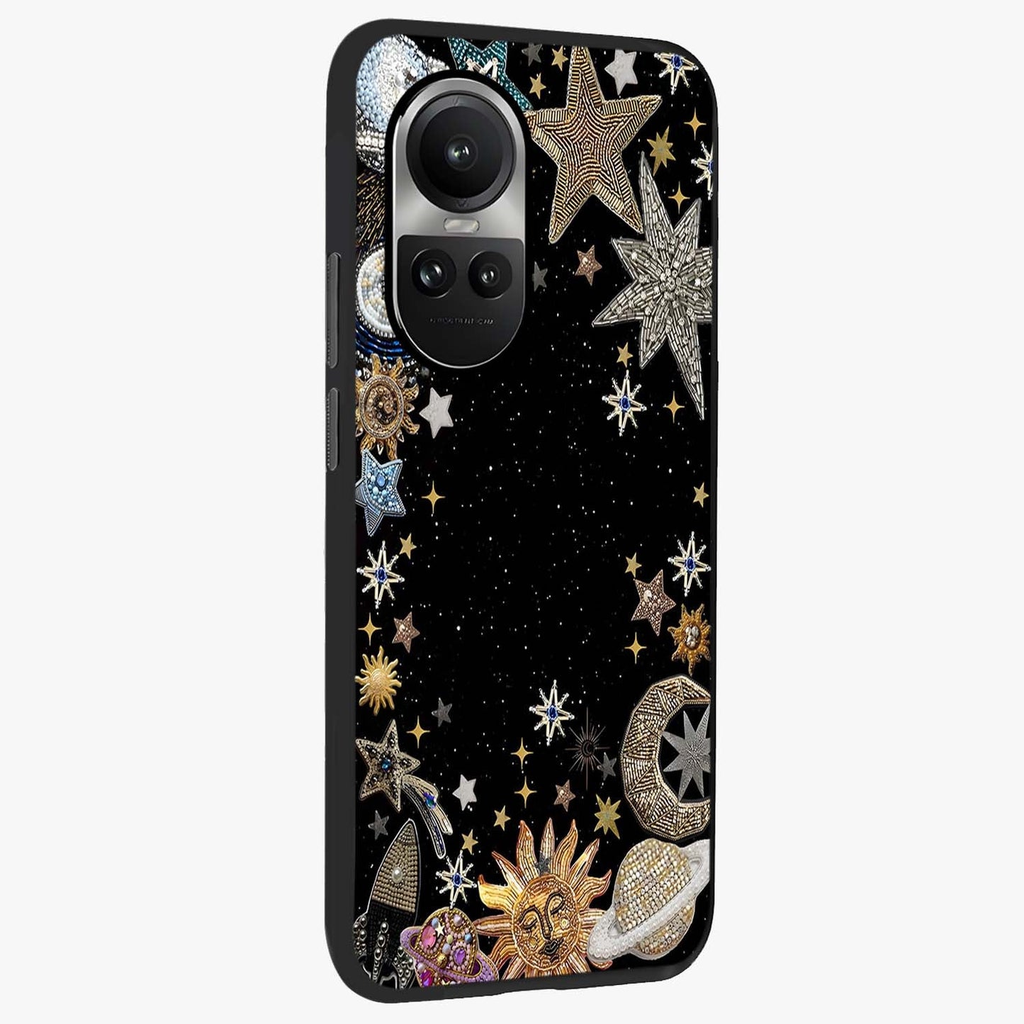 Galactic Jewel Stars Glass Case upright view showcasing glittering star jewel artwork with vibrant galaxy theme.