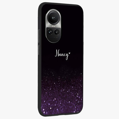 Glittery Purple Bokeh Custom Name Glass Case upright view showcasing vibrant purple sparkle artwork with personalized aesthetic style.