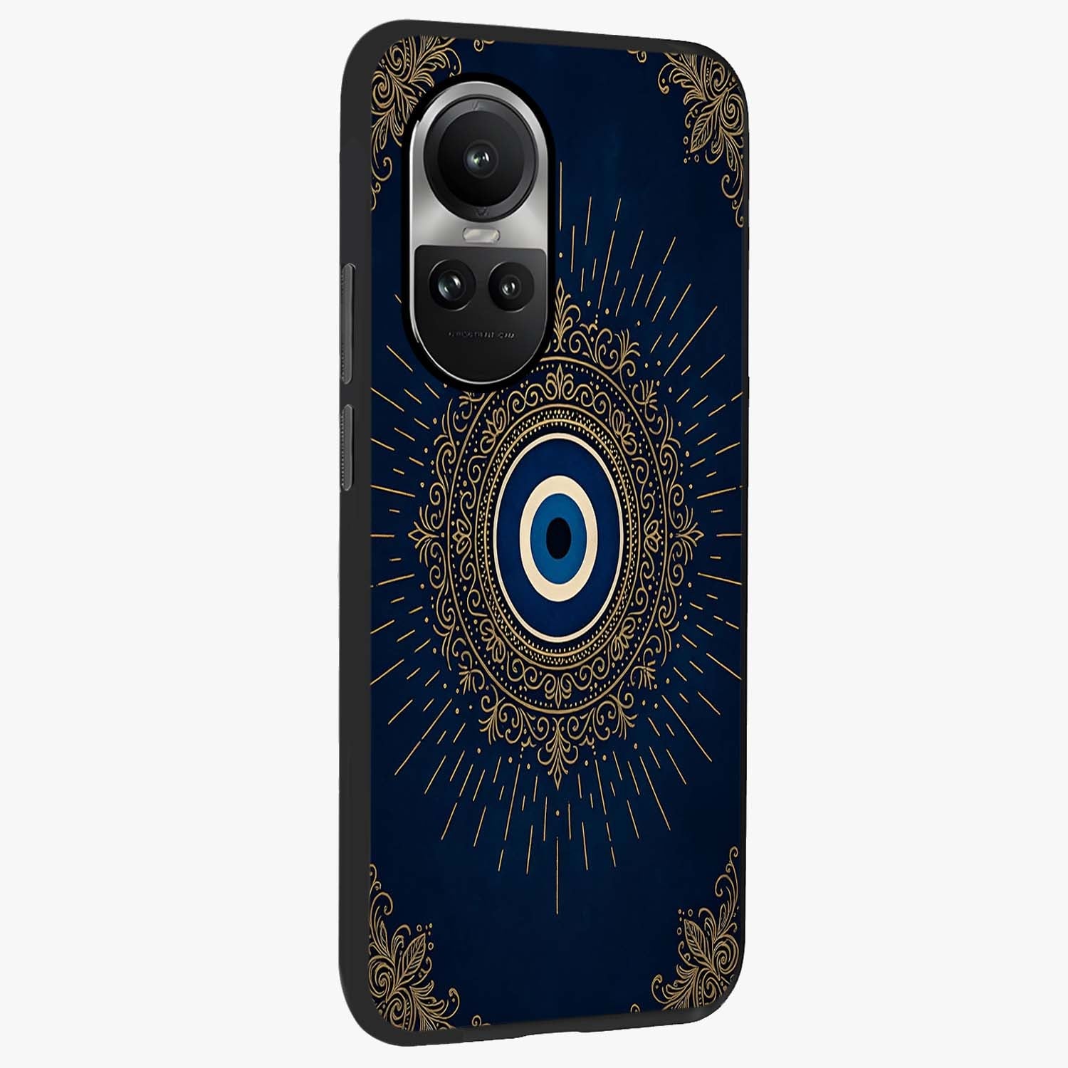 Golden Celestial Charm Glass Case upright view showcasing radiant celestial artwork with elegant golden theme.