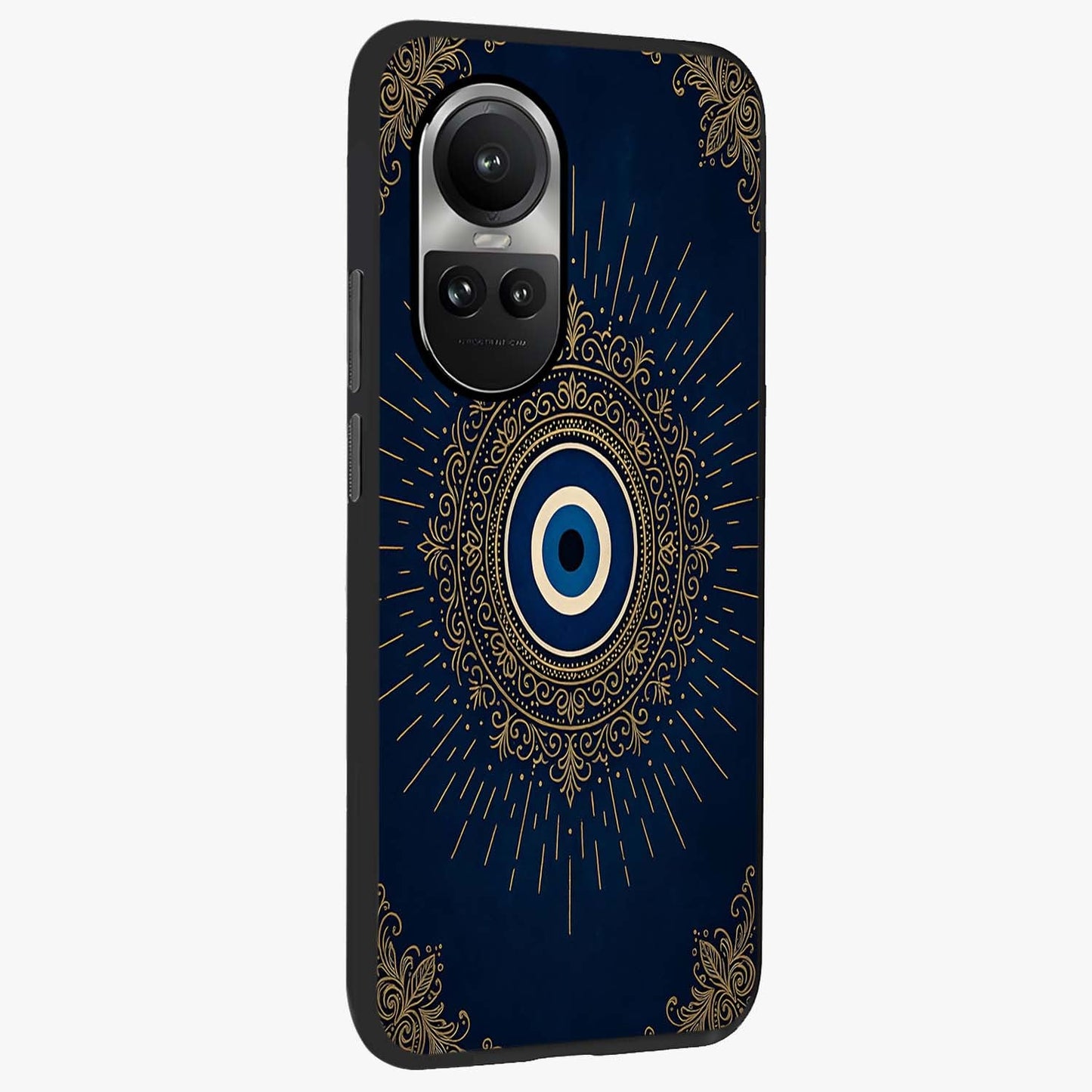 Golden Celestial Charm Glass Case upright view showcasing radiant celestial artwork with elegant golden theme.