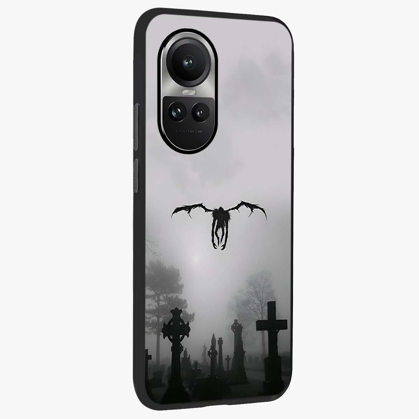 Graveyard Shadow Descent Glass Case upright view showcasing haunting graveyard artwork with dramatic dark theme.