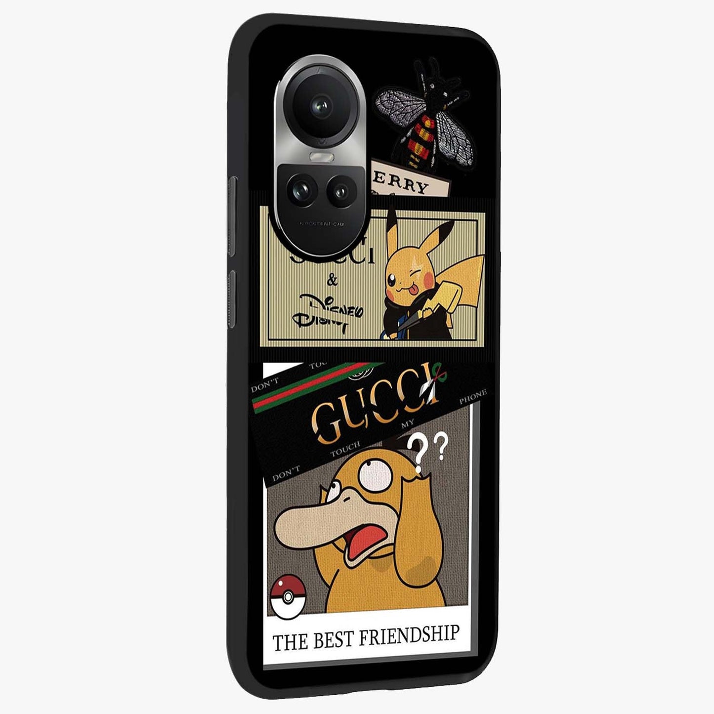 Gucci Play Mashup Glass Case upright view showcasing trendy luxury inspired artwork with modern fashion theme.
