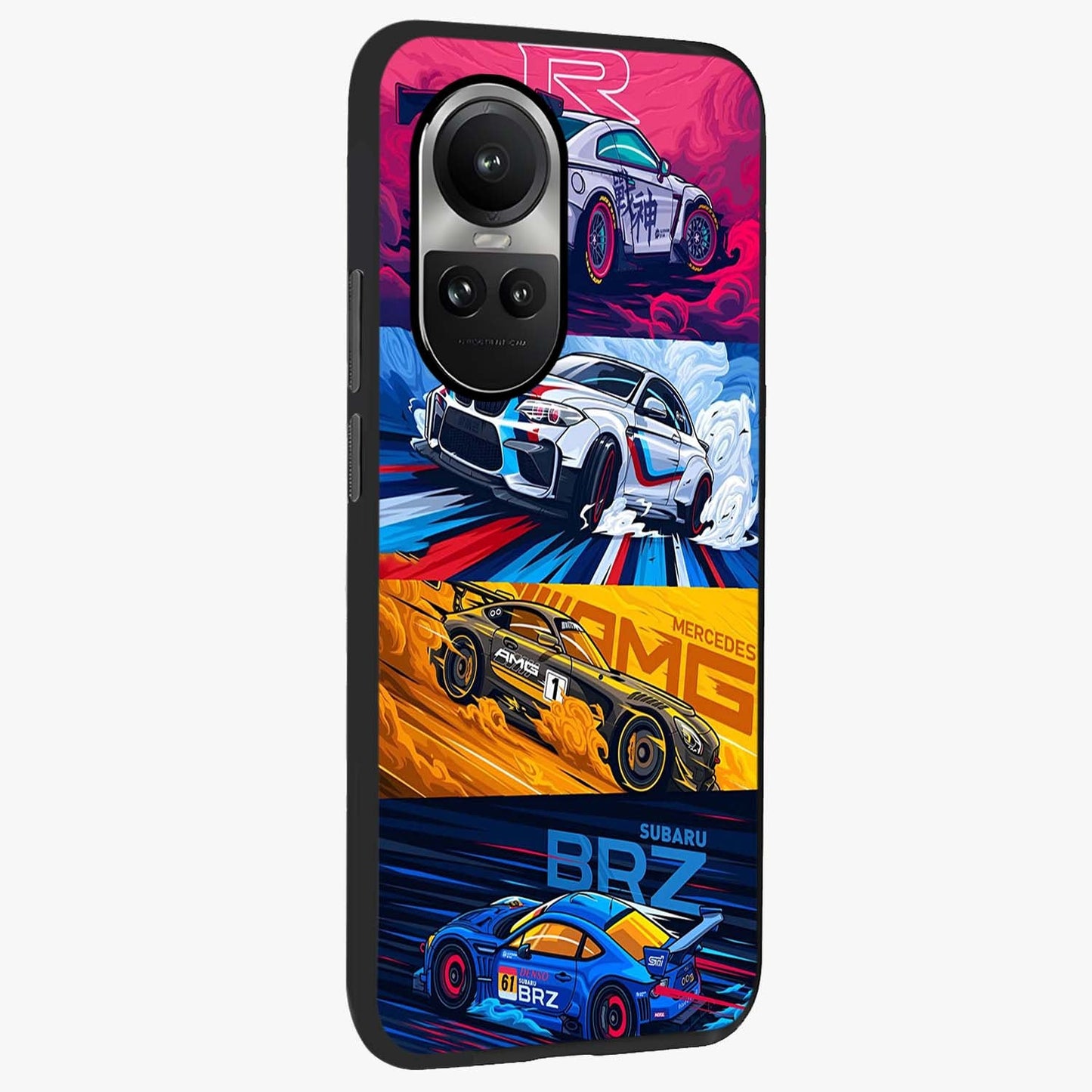 JDM Sports Car Glass Case upright view showcasing dynamic sports car artwork with bold racing theme.