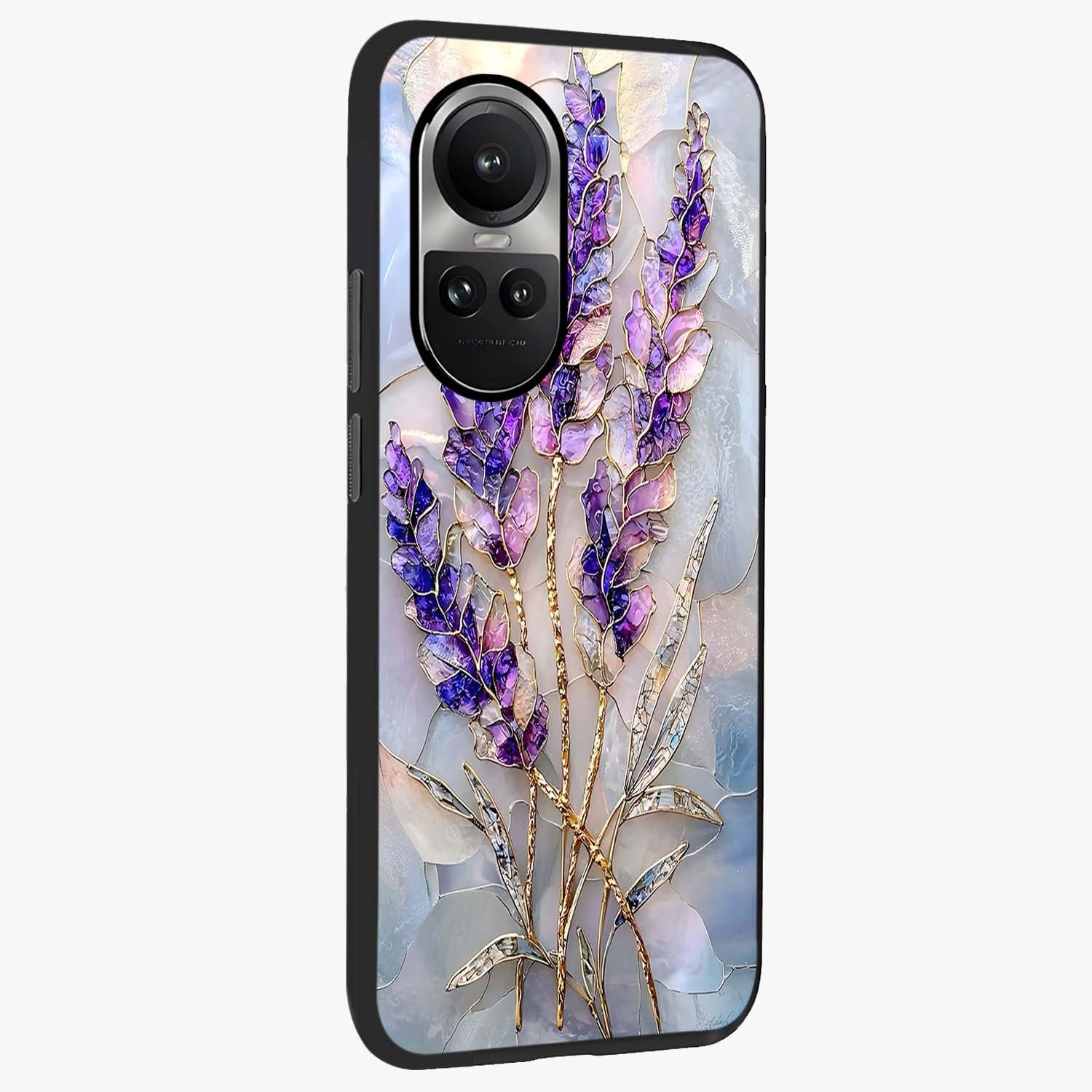 Lavender Dream Glow Glass Case upright view showcasing radiant lavender glow artwork with calming dreamy theme.