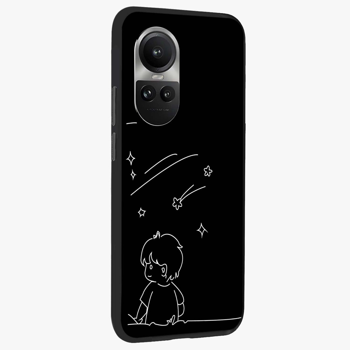 Line Art Boy With Shooting Stars Glass Case upright view showcasing artistic shooting star illustration with minimal style.