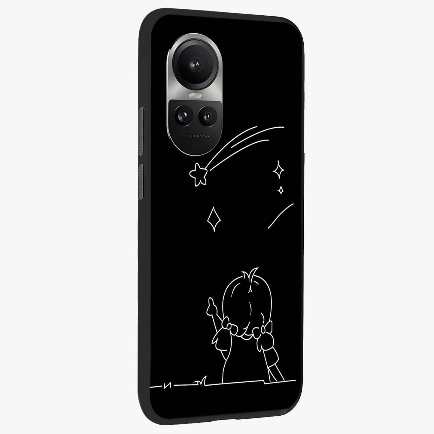 Line Art Girl With Shooting Stars Glass Case upright view showcasing delicate shooting stars artwork with minimal artistic theme.