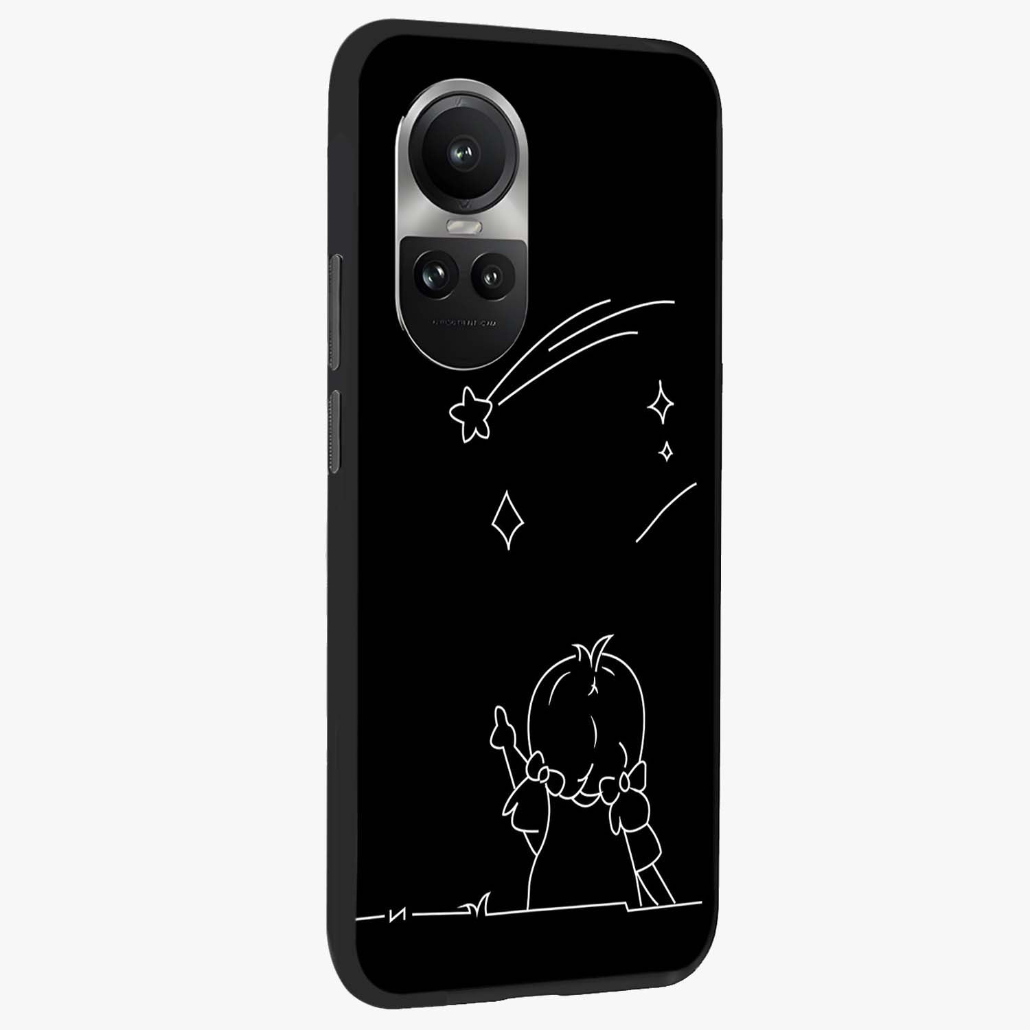 Line Art Girl With Shooting Stars Glass Case upright view showcasing delicate shooting stars artwork with minimal artistic theme.