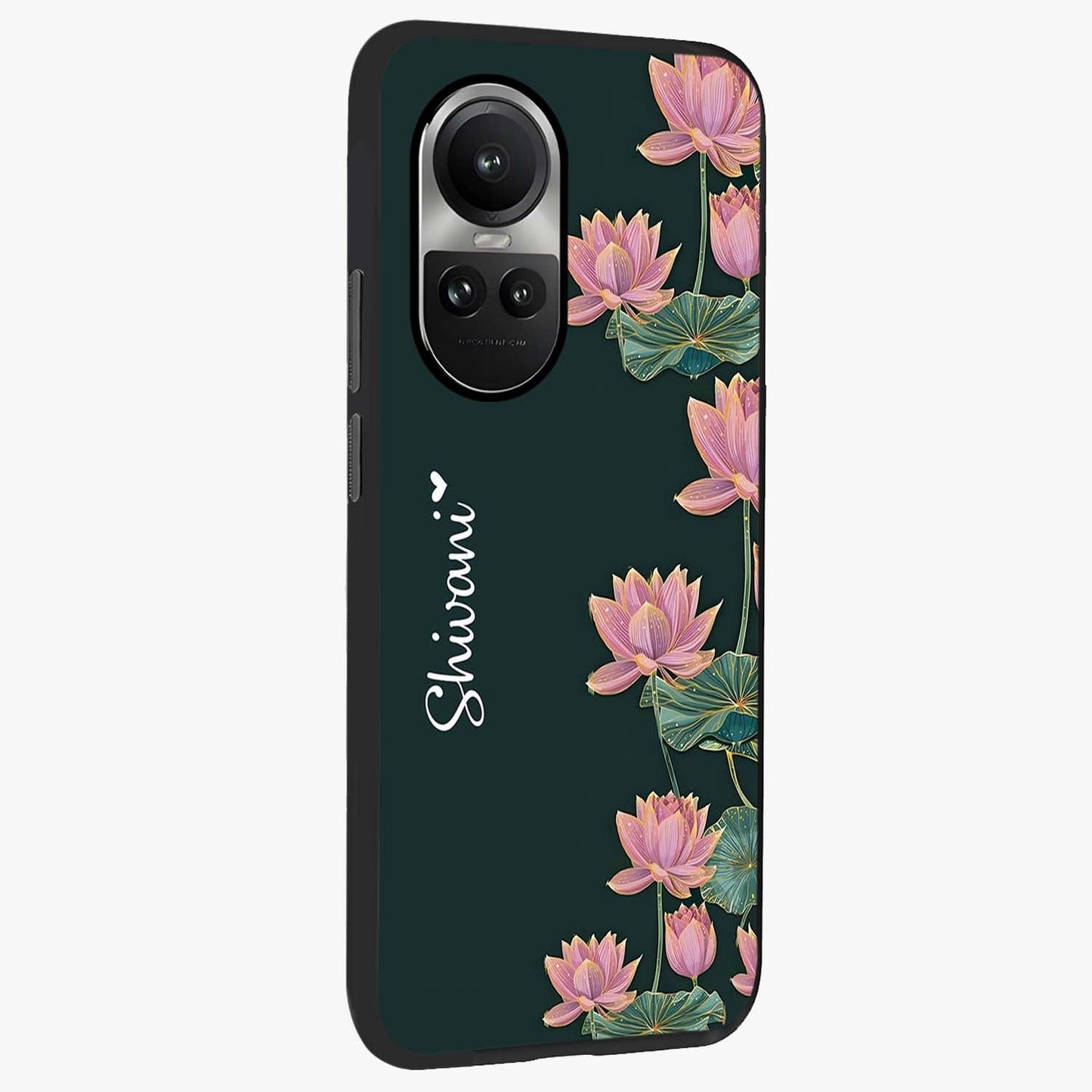 Lotus Bloom Serenity Custom Name Glass Case upright view showcasing serene lotus bloom artwork with personalized floral aesthetic.