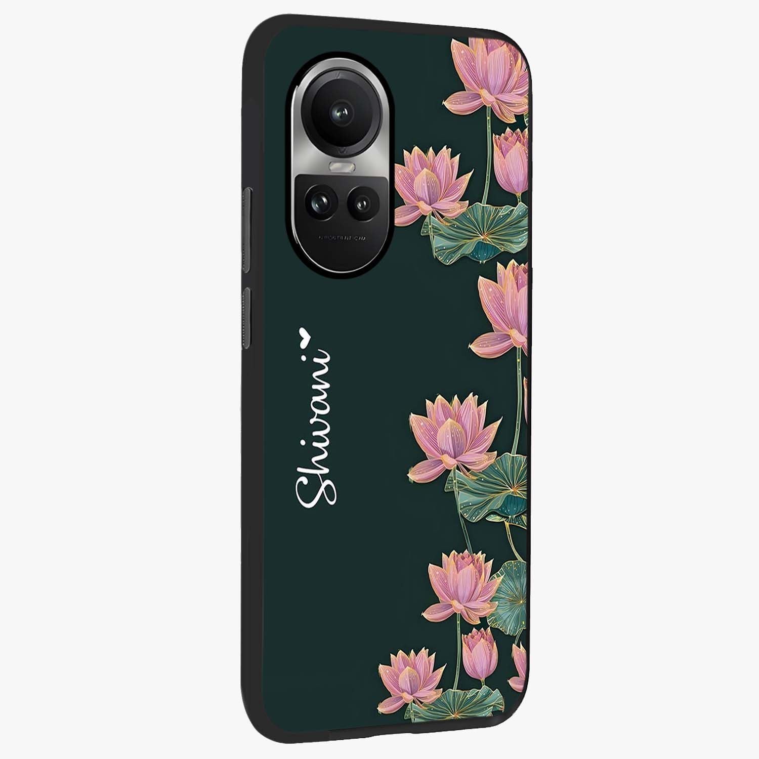 Lotus Bloom Serenity Custom Name Glass Case upright view showcasing serene lotus bloom artwork with personalized floral aesthetic.