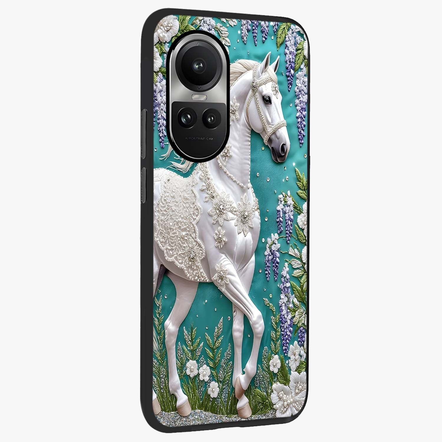 Majestic Floral Stallion Glass Case upright view showcasing dramatic horse artwork with decorative floral theme.