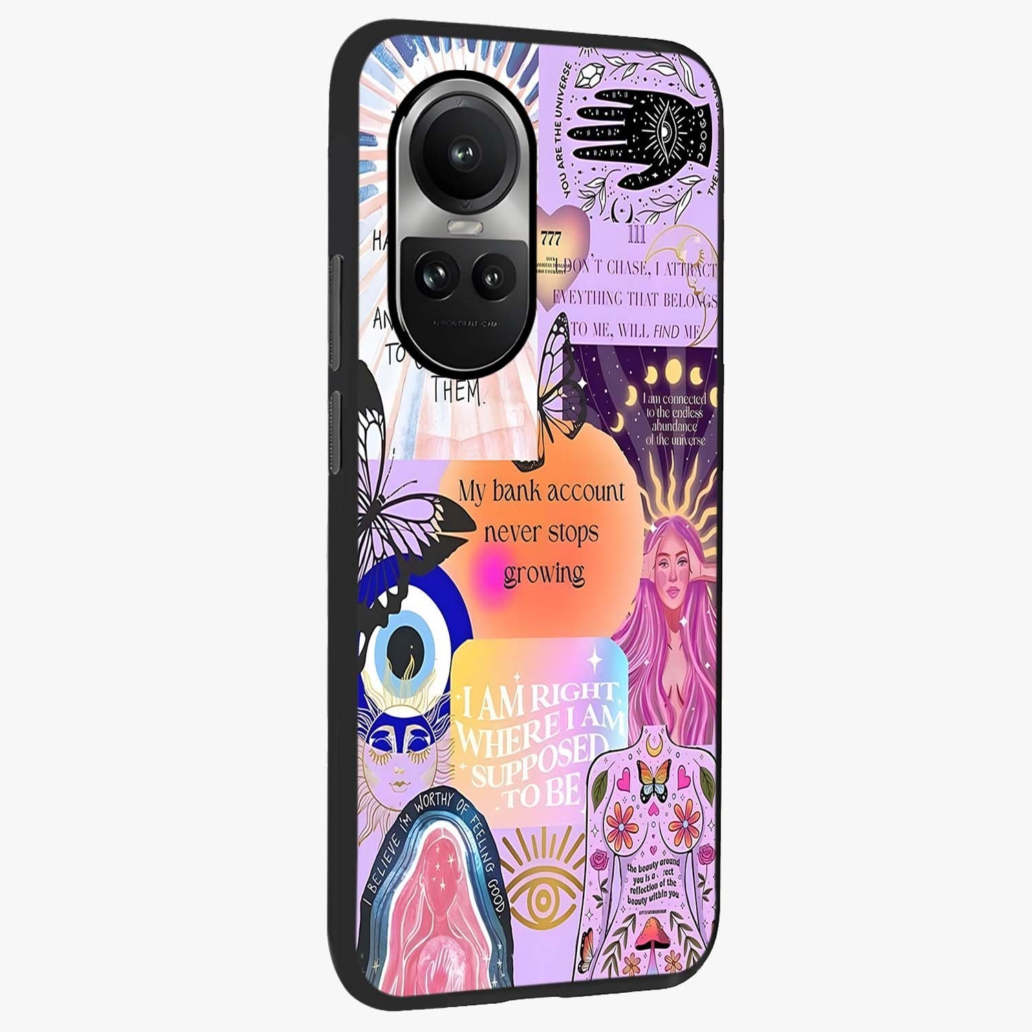Manifestation Collage Glass Case upright view showcasing artistic manifestation themed artwork with creative style.