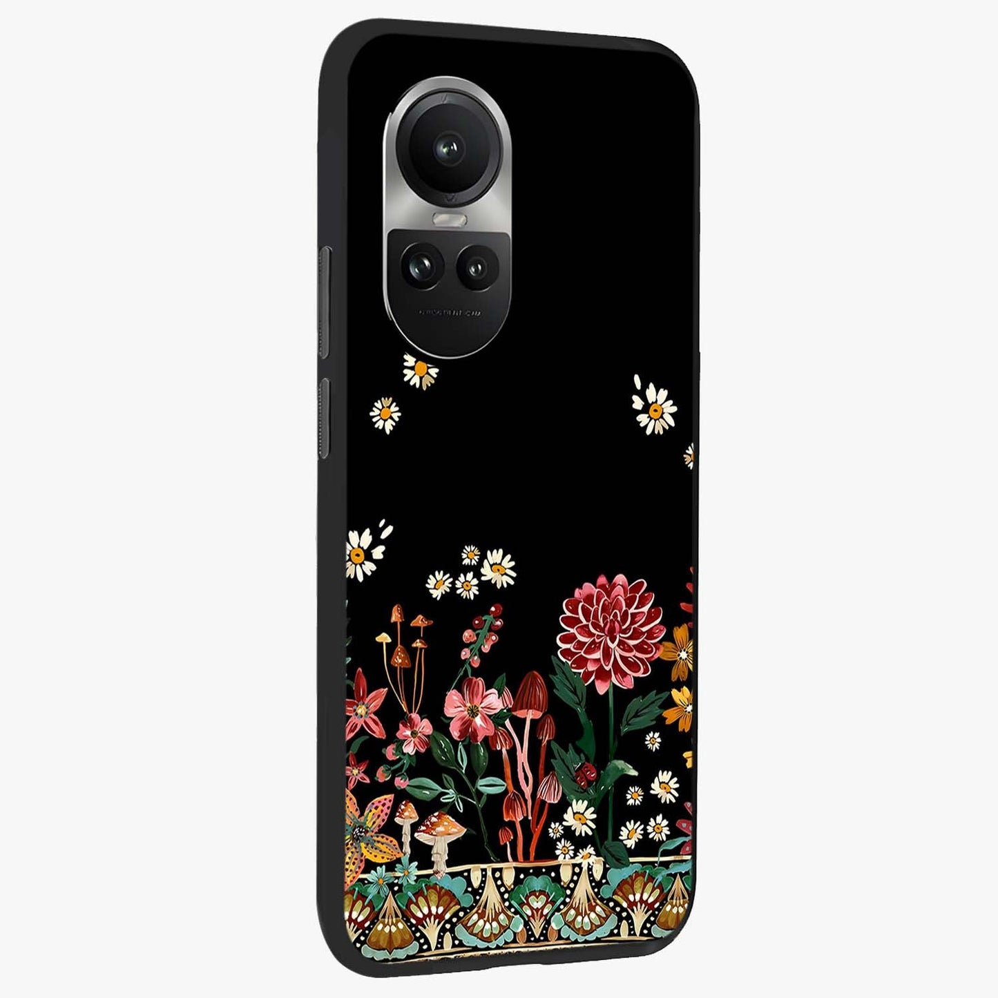 Midnight Bloom Pattern Glass Case upright view showcasing decorative floral artwork with deep night themed palette.