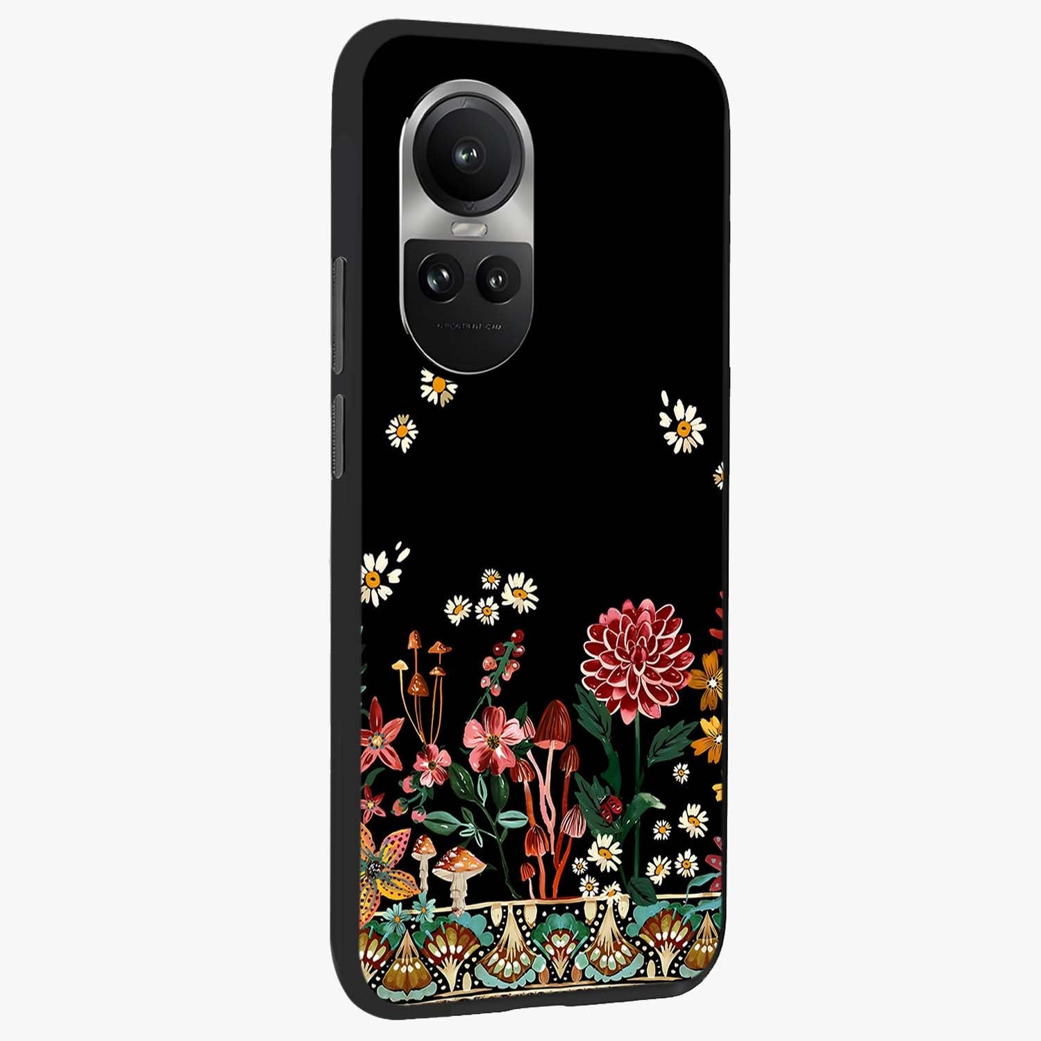 Midnight Bloom Pattern Glass Case upright view showcasing decorative floral artwork with deep night themed palette.
