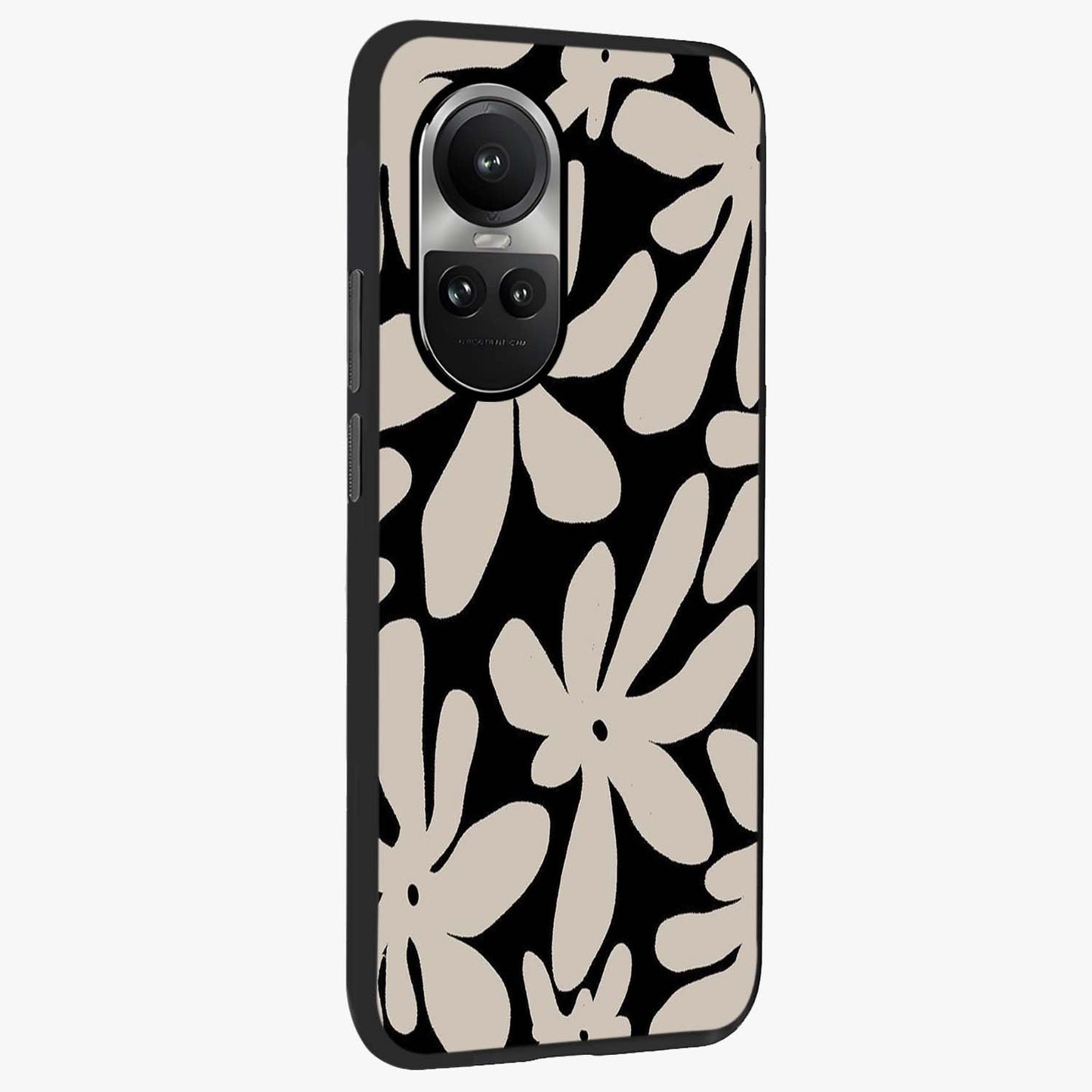 Monochrome Petal Dance Glass Case upright view showcasing artistic floral pattern with stylish monochrome theme.