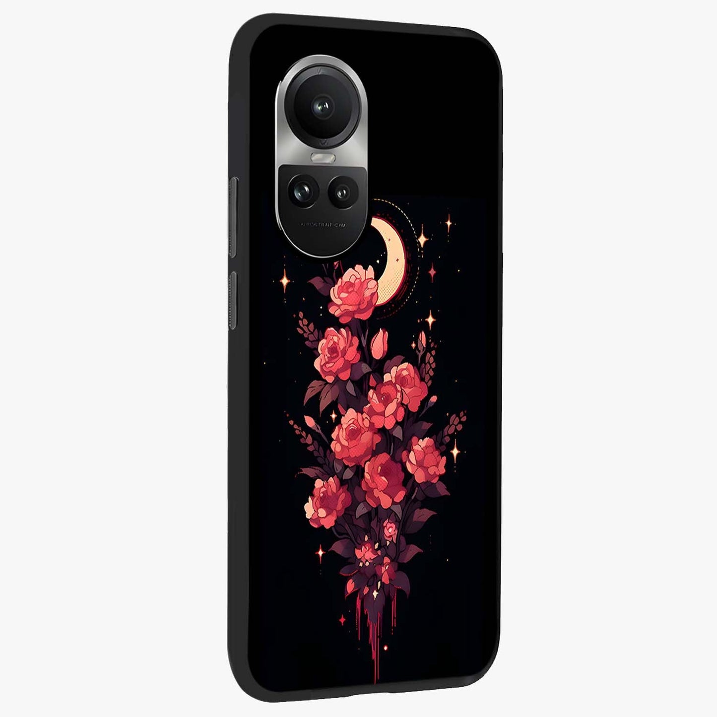 Moonlit Floral Elegance Glass Case upright view showcasing delicate floral artwork with refined night inspired theme.