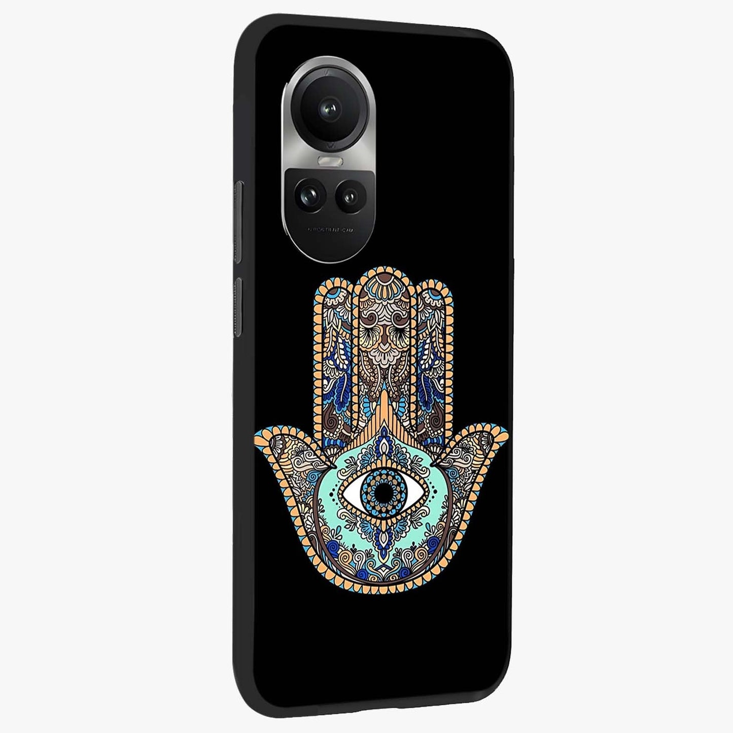 Mystic Hamsa Eye Glass Case upright view showcasing detailed hamsa eye artwork with protective spiritual theme.